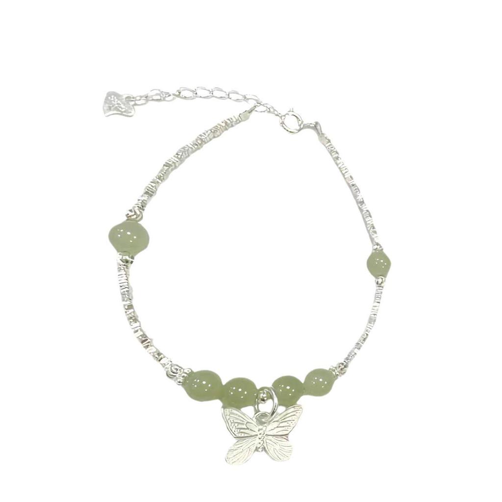 Hetian Jade & Silver Butterfly Bracelet - Exquisite Chinese Style Summer Accessory with Lucky Beads for Women