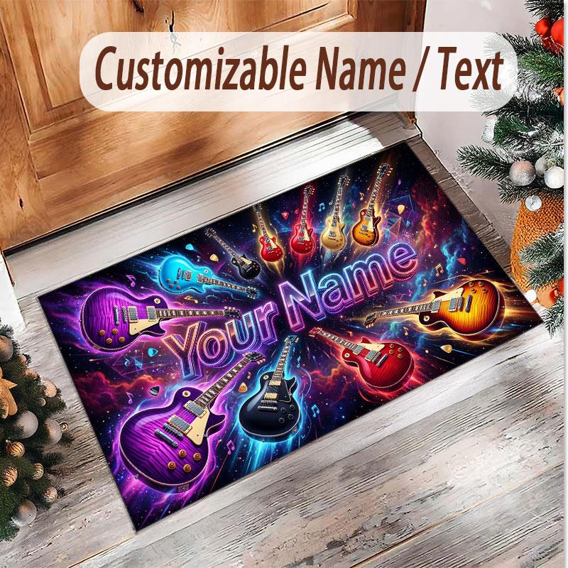 Music Guitar Theme Soft Crystal Velvet Rug Custom Name & Text Print Non Slip Floor Rug for Bedroom Living Room