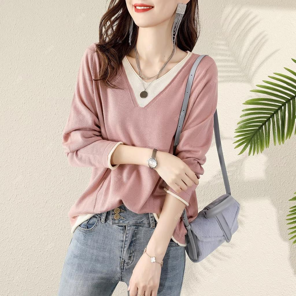 Damen Temperament Kollision Locker V-Ausschnitt Unterziehshirt Frühling und Herbst Langarm Strickshirt