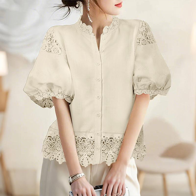 ZANZEA Women Stand Collar Casual Lace Crochet Splice Half Sleeve Blouse