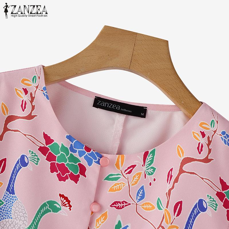 ZANZEA Women Casual Round Neck Summer 3/4 Sleeve Print Blouse