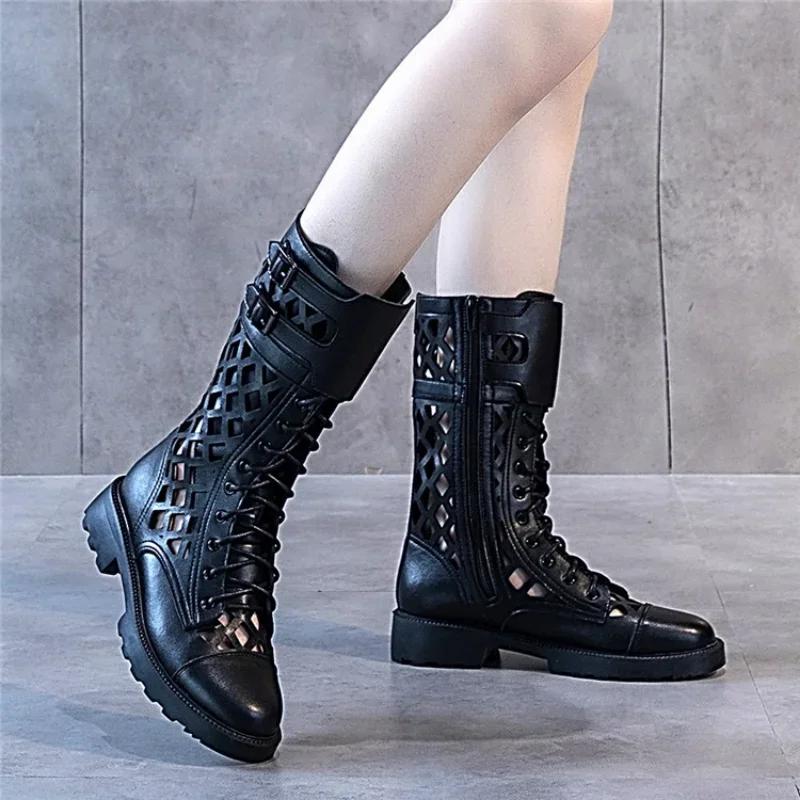 Fashion Summer Hollow Black Mesh Cool Boots female New Mid Heel Large Cool Boots European American Sandals Women platform heels