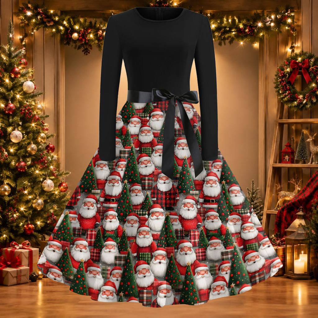 Women's Casual Fashion Christmas Print Round Neck Vintage Dress for Holiday Parties