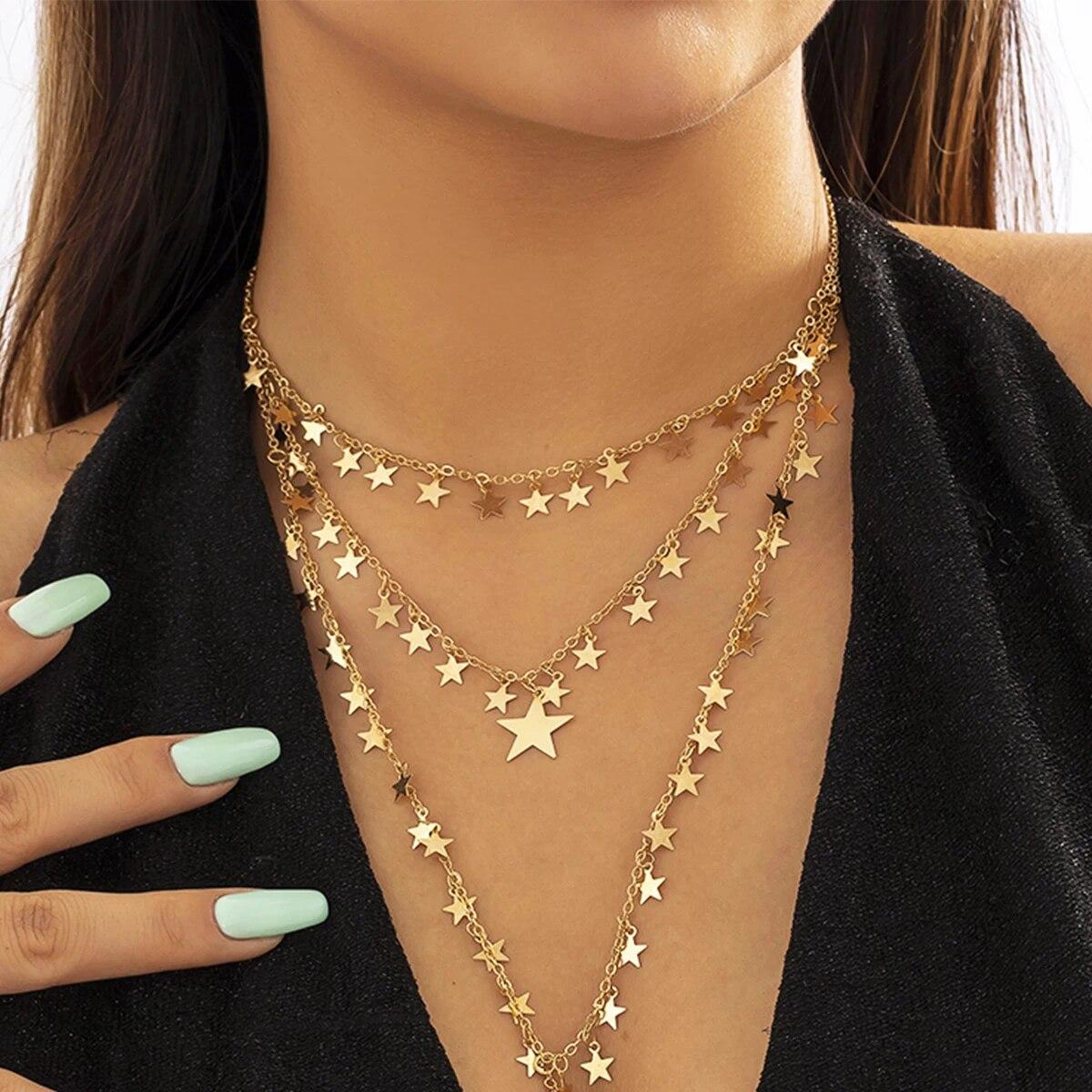 

3Pcs/Set Sexy Goth Star Tassel Long Pendant Choker Necklace Women Wed Bridal Creative Gold Color Clavicle Chain Y2K Accessories