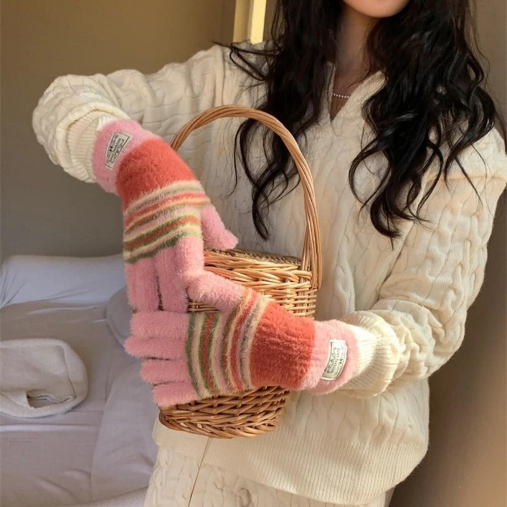 Warm Girl Knitted Gloves Plush Touch Screen Gloves Korean Five-fingered Gloves