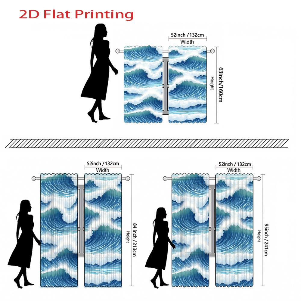 Set Of 2 Flat Printed Curtains Blue White Ocean Wave Pattern Home Decor Style Polyester Fabric Curtain Made With Rod Pocket