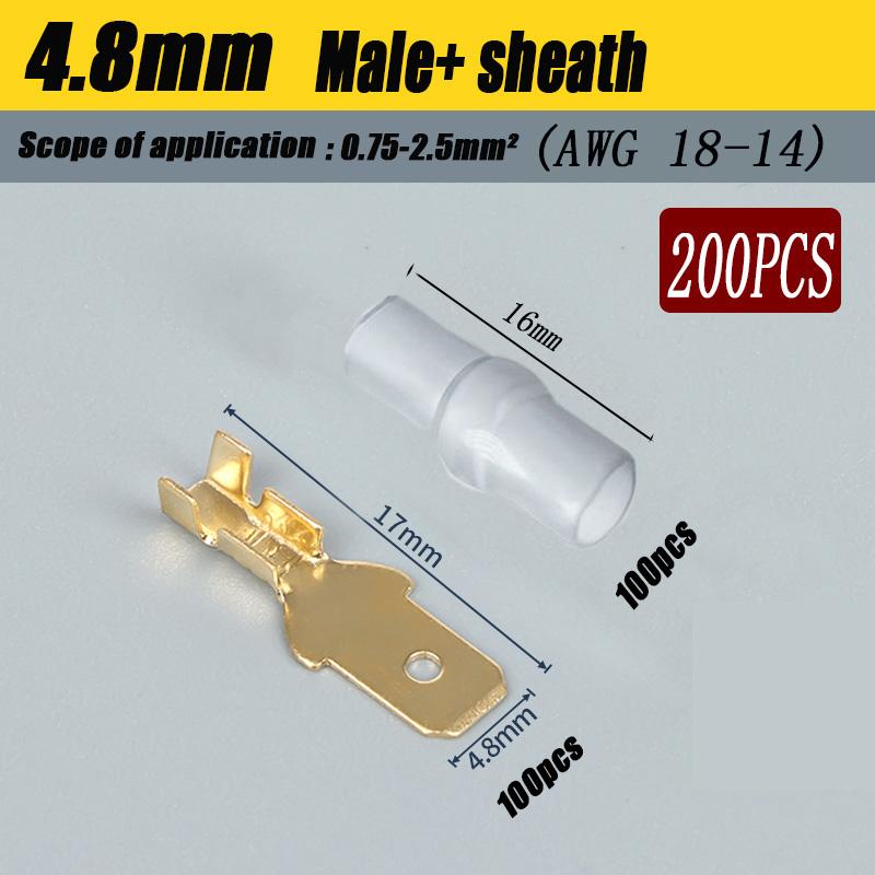 200Pcs Copper Female and Male Crimp Terminal Connectors Aautomotive Speaker Cable Flag Connector 2.8/ 4.8/ 6.3mm With Sheathing