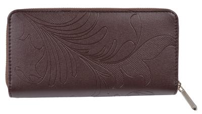 Women's Long Wallet with a Round Zipper, Made of Brown Synthetic Leather with a Plant Pattern, Featuring Coin and Card Slots. Product Code:
