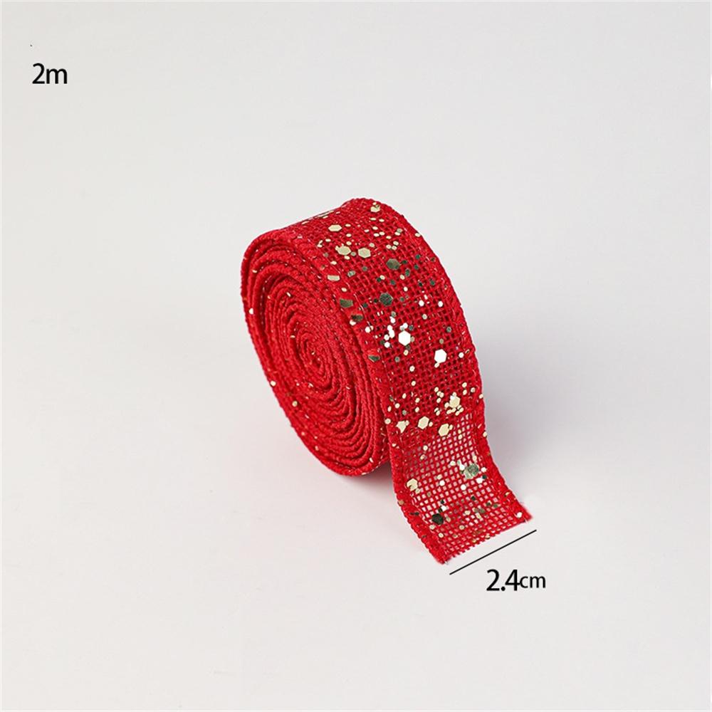 2M Red Green Christmas Ribbon Hot Stamped Linen Printed Christmas Polyester Ribbons New Years Home Decoration Bow Gift Packing