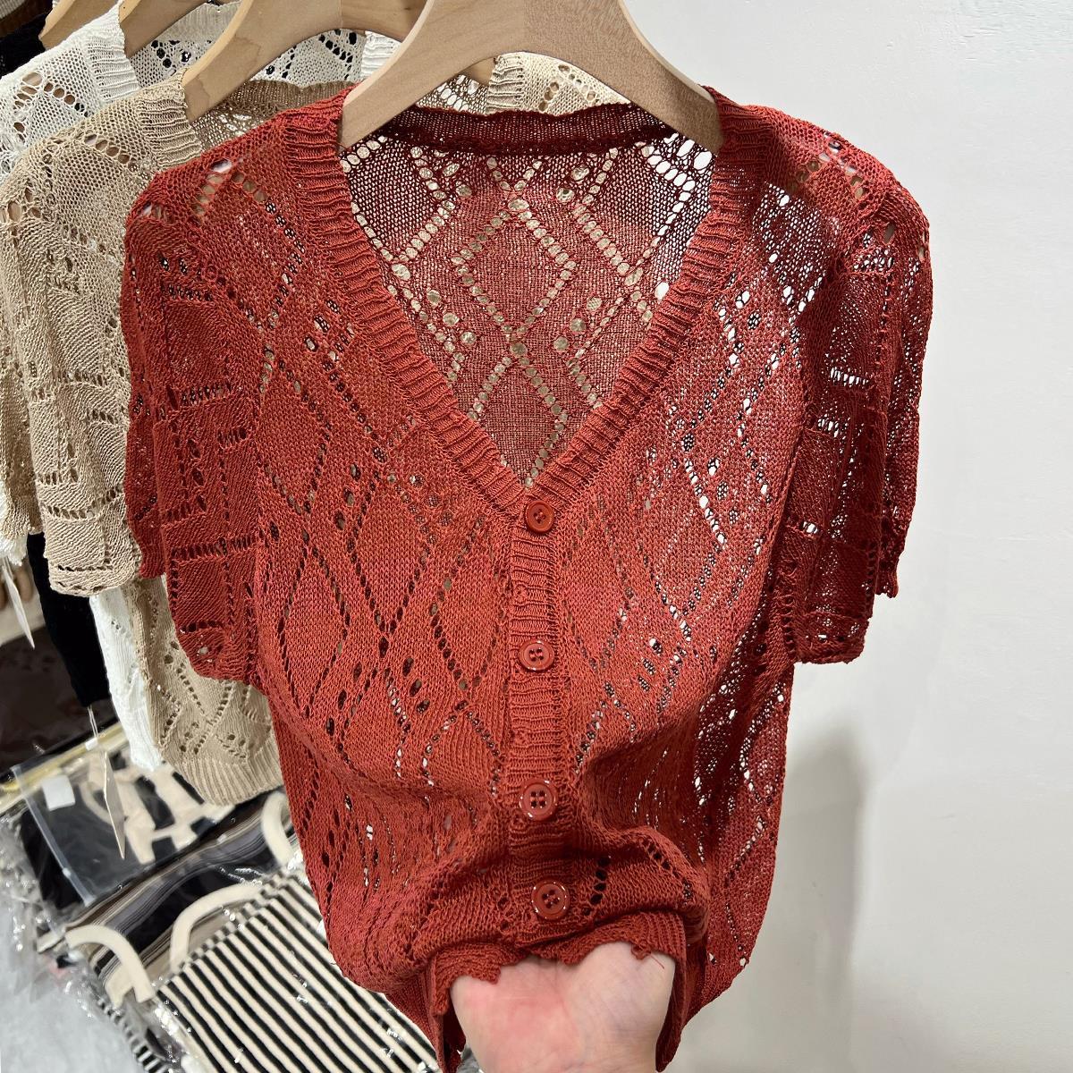 

V-neck T-shirt for Women Loose Large Size Fashionable Summer Thin Ice Silk Hollow Sweater Top S красный