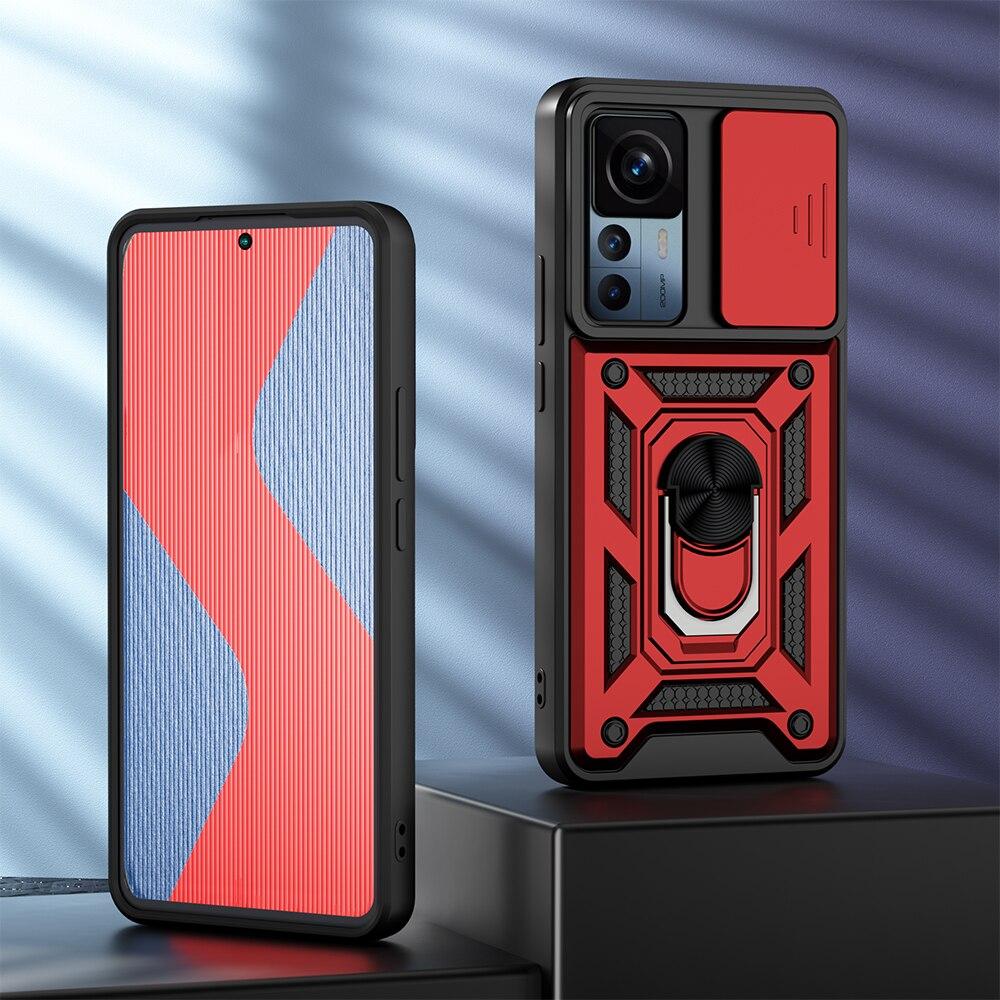KEYSION Shockproof Case for Xiaomi 12T Pro 5G Push Pull Camera Protection Ring Stand Phone Cover for Redmi K50 Ultra