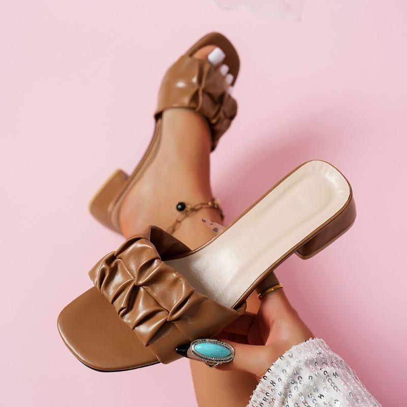 Women Summer New Chunky Heel Slippers Fashion Pleated Square Toe Green Orange Women Sandals Casual Elegant Ladies Dress Sandals