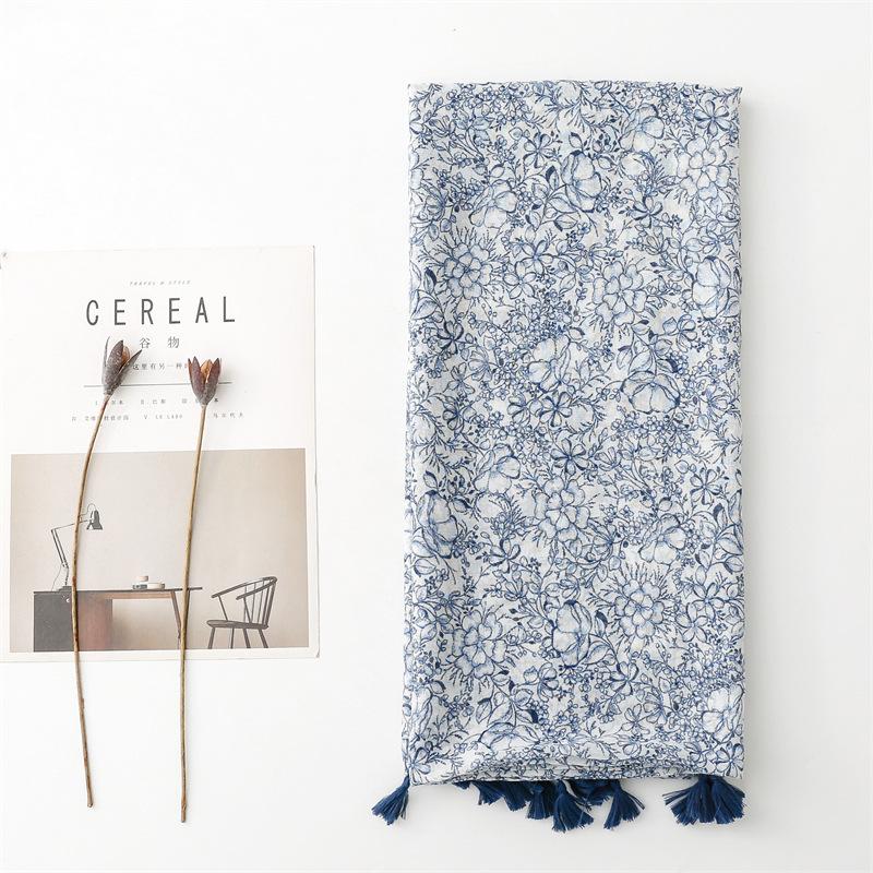 Luxury Women Viscose Scarf Four Seasons Available Designer Shawl Cotton Linen Feeling Tassel Pashmina Muslim Hijab Wrap Floral