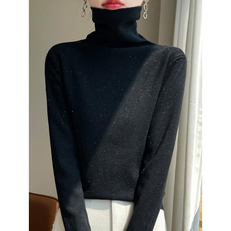

Стильный и блестящий свитер с высоким воротом, женская тонкая базовая водолазка, свитер с высоким воротом, с пальто и топом XXL чёрный
