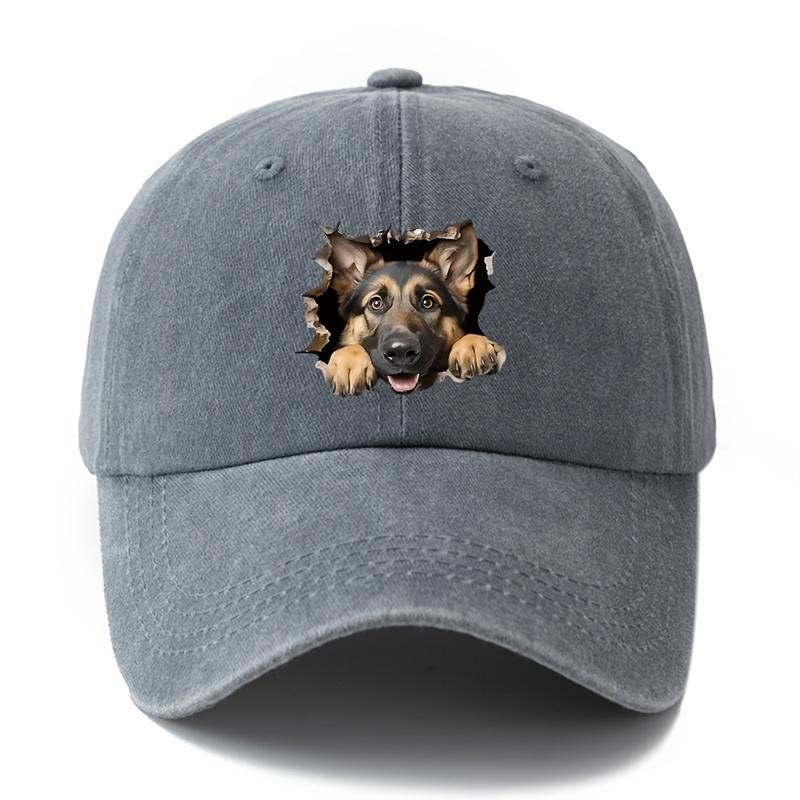 Adjustable retro washed baseball cap with German Shepherd print suitable for casual hip-hop hats at parties and festivals