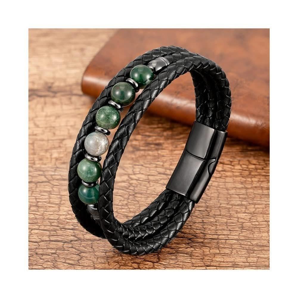 Tiger's Eye Leather Bracelet Natural Stone Three-Layer Tiger's Eye Bead Stainless Steel Magnetic Buckle Men's Popular