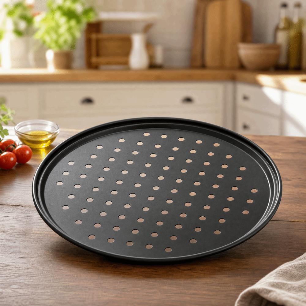 Set di Teglie per Pizza Perforate da 9/10/11/12/14 Pollici Strumenti da Forno in Acciaio al Carbonio Croccante e Bollicine