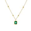 Gold Plated Emerald Square Pendant Necklace, Stainless Steel Station Chain Choker, Waterproof Green Gem Jewelry for Women Gift