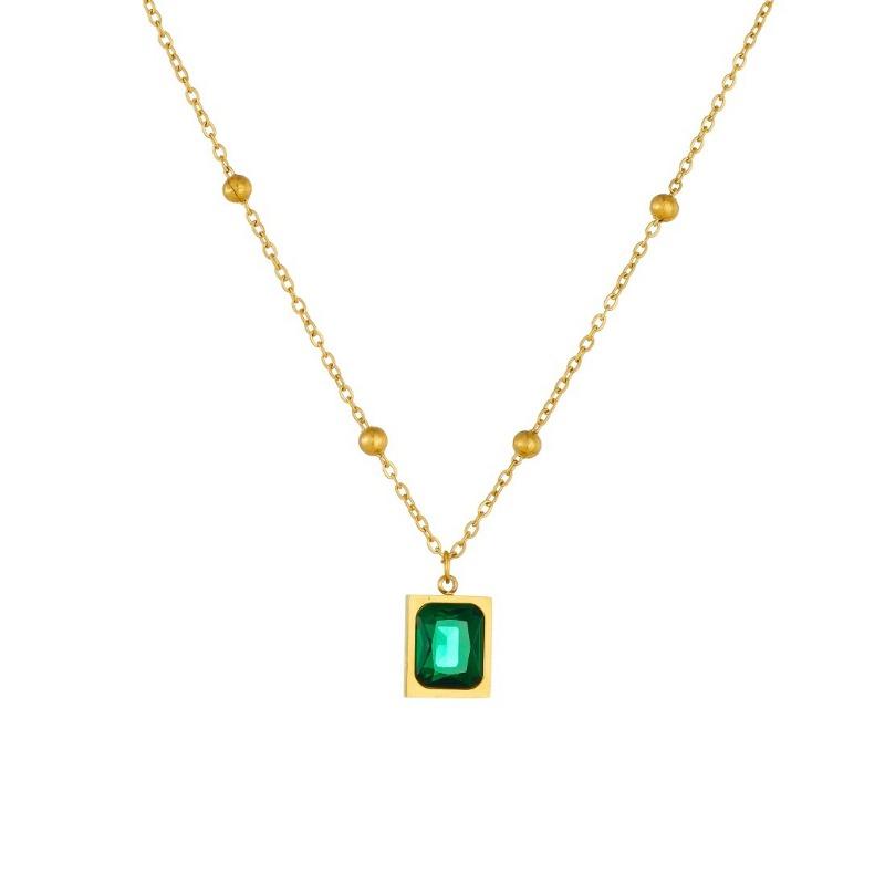 Gold Plated Emerald Square Pendant Necklace, Stainless Steel Station Chain Choker, Waterproof Green Gem Jewelry for Women Gift