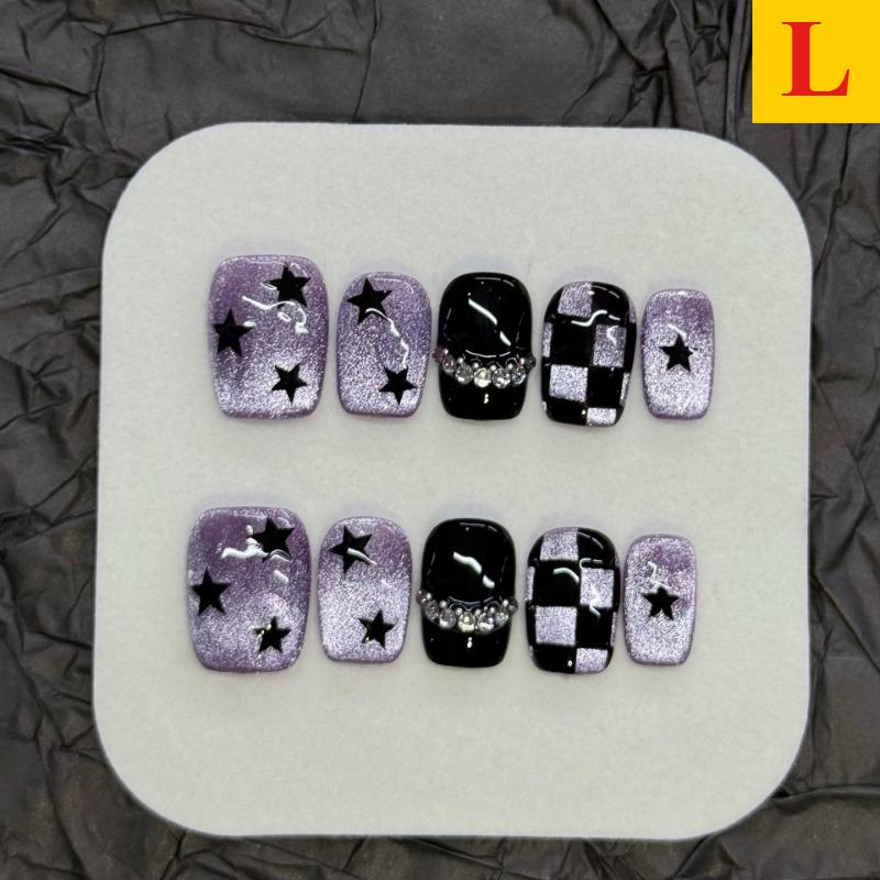 

New 10pcs Handmade Wearable Purple Star Cat s Eye Hand-painted Checkered Flashy Nail Plates for Sweet and Cool Women and Girls