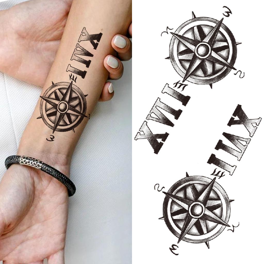 Kompass Brief Temporäre Tattoo Für Männer Frauen Erwachsene Realistische Gefälschte Wolf Schädel Tattoos Aufkleber Tiger Schwarz Wald Tatoos Unterarm
