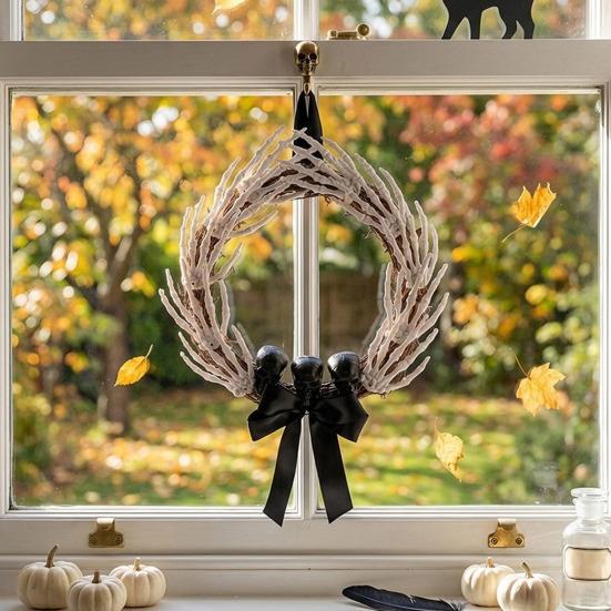 White Bone Garland Halloween Skeleton Hand Wreath for Front Door, Gothic Spooky Hanging Decoration Rattan with Black Bow And Skulls Door Wall Holiday
