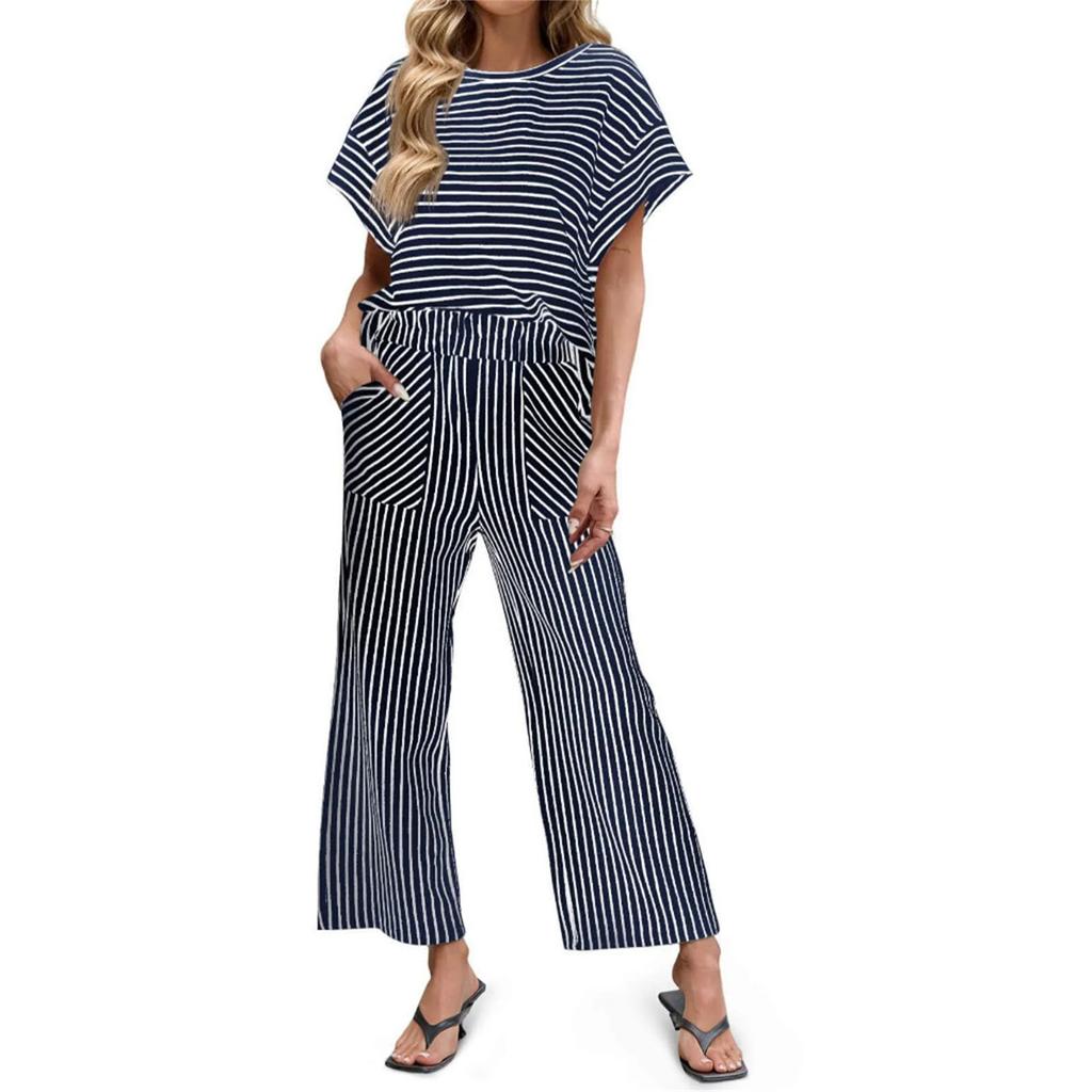Women's Casual Two Piece Set Striped Top and Pants Loose Fit Short Sleeve Pullover with Elastic Waistband Wide Leg Trousers