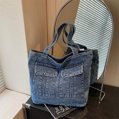 Women's Multi-Pocket Denim Shoulder Bag Large Capacity Tote Bag