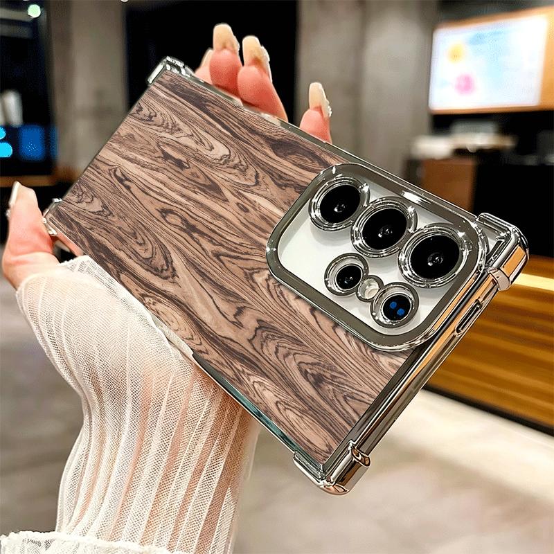 Vintage Wood Grain Pattern Plating Phone Case For Samsung Galaxy S24 S25 FE S26 Edge S23 Ultra S22 S21 Plus S20 Anti-Fall Airaba