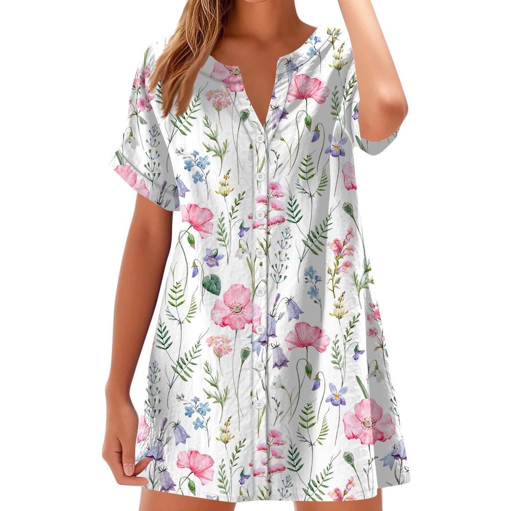 Women Fashion Casual V-neck Short Sleeve Button Retro Floral Print Dress