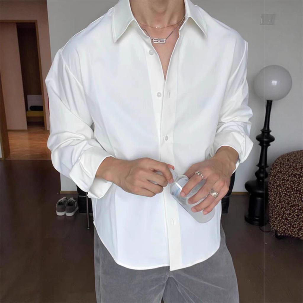 Herren Lockeres Langarm Hemd Bügelfrei Glattes Satin Freizeithemd
