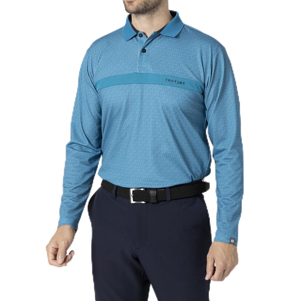 FootJoy Men's FJ Outline Print Long Sleeve Mesh Polo Shirt, Fjord Blue, Size L (FJ-F24-S04, 32182-L)