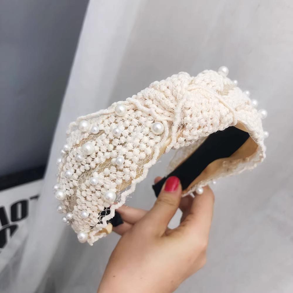 1 piece of lace lace knotted headband, wide edge Korean style headband nail, pearl Korean style headband for women