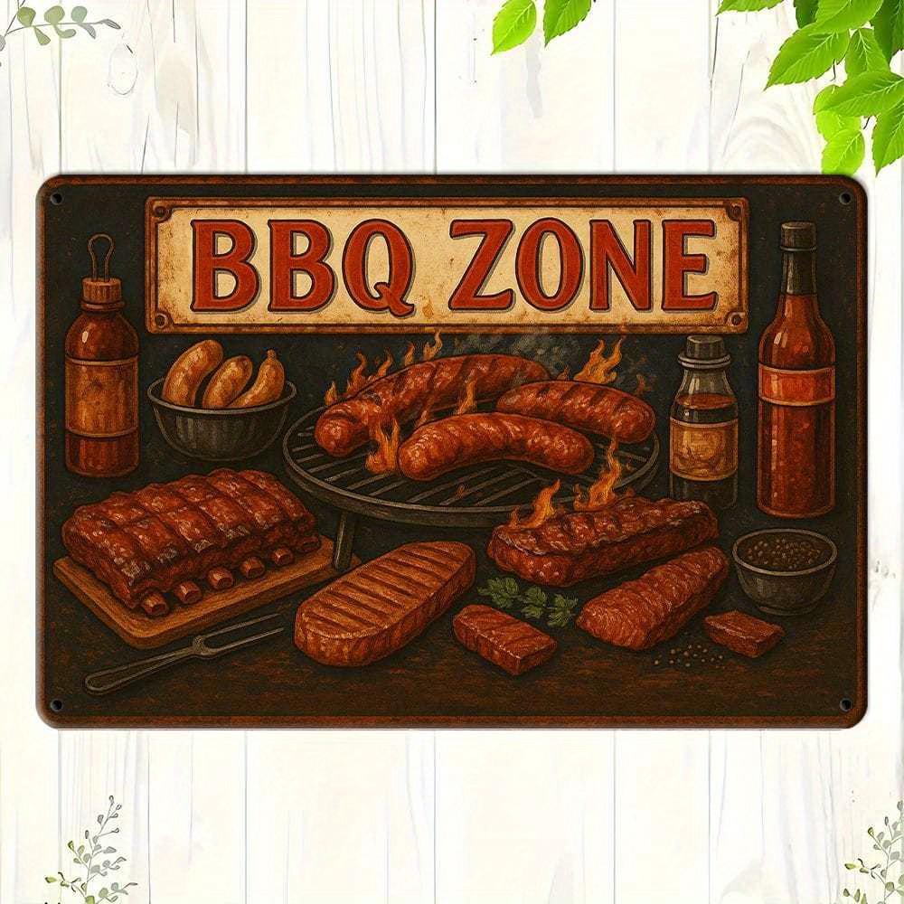 BBQ Zone Retro Metal Sign 20x30cm - Grilled design wall decor for home, bar, or restaurant.