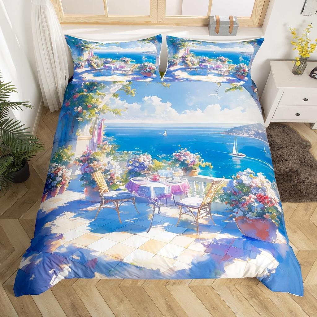 Seaside Town Landscape Bedding Set Flowers Rustic Duvet Cover Coastal Style Island Comforter Cover Ocean Scenery Quilt Cover