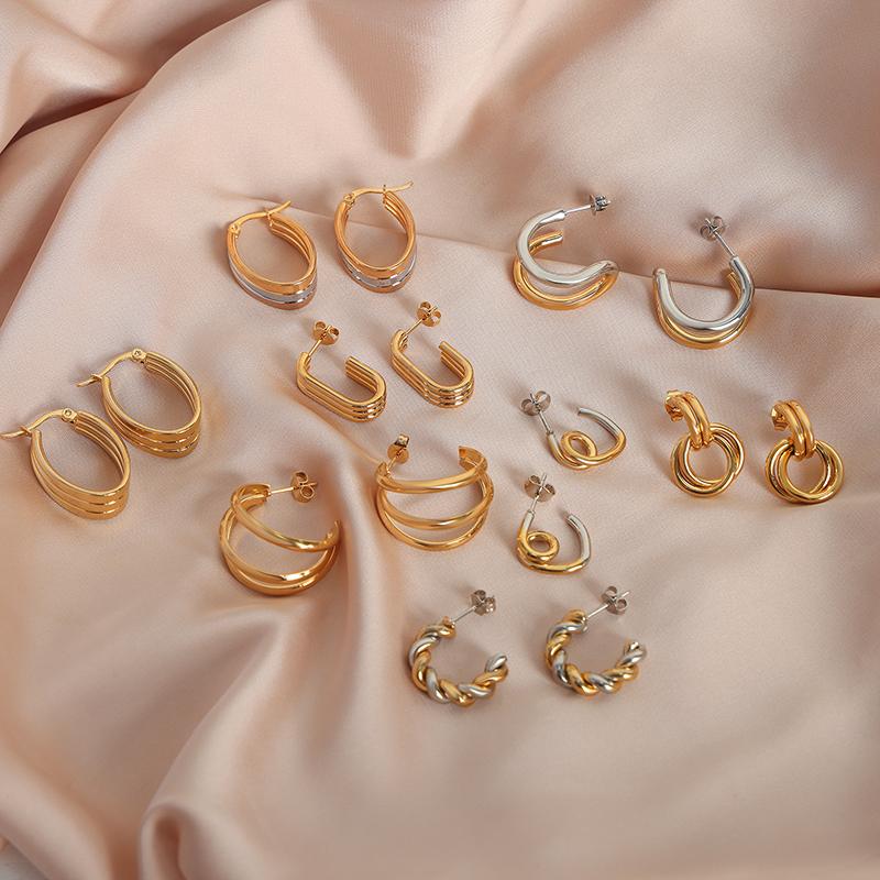 New Stainless Steel Simple Hoop Earrings for Women Copper Color Distort Earrings Personality Femme Popular Accessories