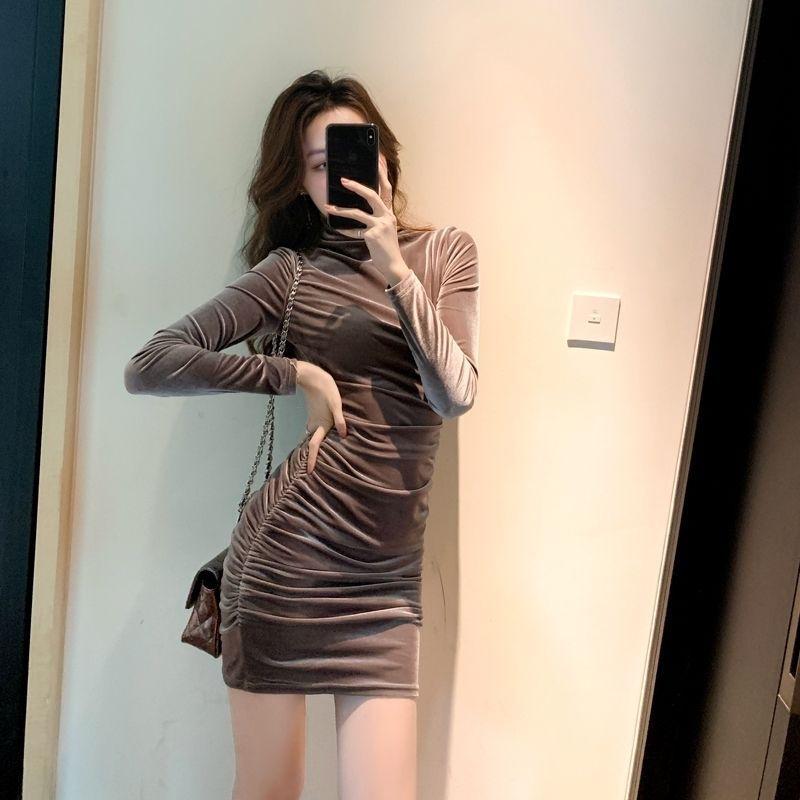 Sweet and Spicy Golden Velvet Semi-turtleneck Dress Women's Clothing Autumn and Winter Design Feeling Wrinkled Slim and Thin Hip Skirt