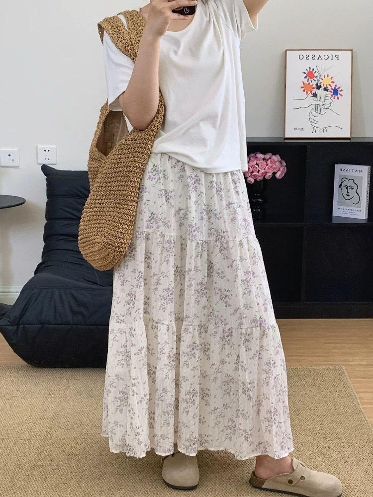 

Светло-фиолетовая юбка с цветочным принтом женская летняя ниспадающая темпераментная элегантная миди- и макси-фея юбка универсальная омолаживающая длинная юбка XL