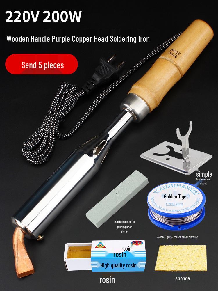 High-Power Electric Soldering Iron Set with Wood Handle - Purple Copper Bent Flat Tip for Household Electronics Repair.