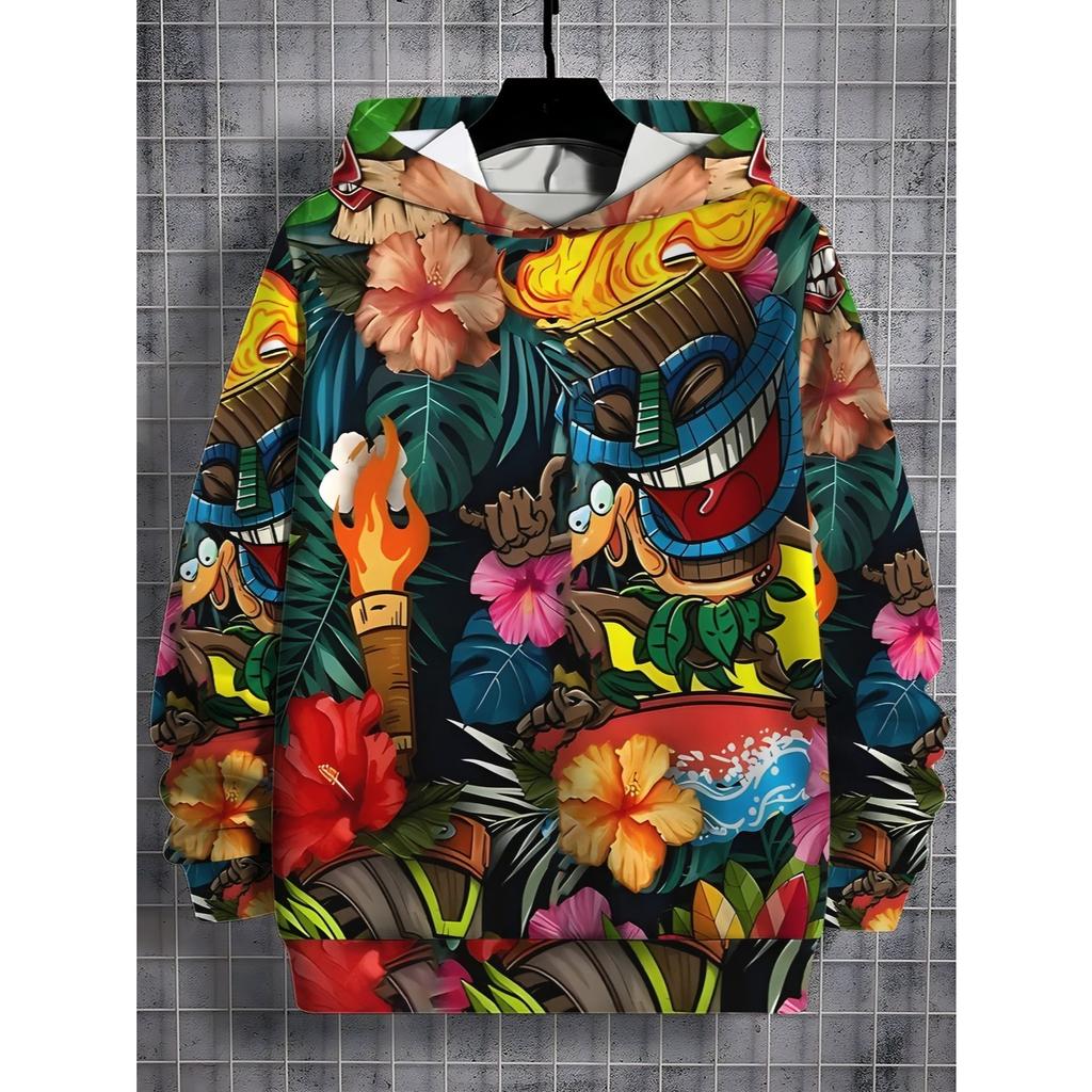 Boys' Hoodie - Tropical Hawaiian Totem and Flower Printed Hoodie, Long Sleeve Hoodie for Children, Children's Casual Wear, Bright Patterns
