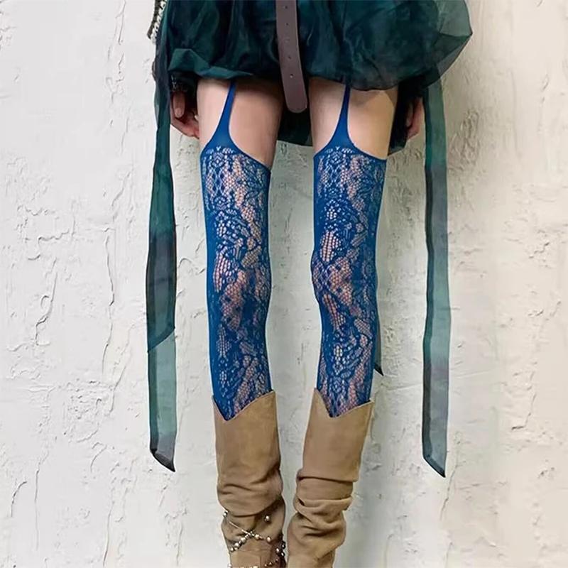 Y2K Fishnet Thigh High Garter Stockings Patterned Tights for Women Garter Belt Set Suspender Pantyhose for Girl Jk Blank White