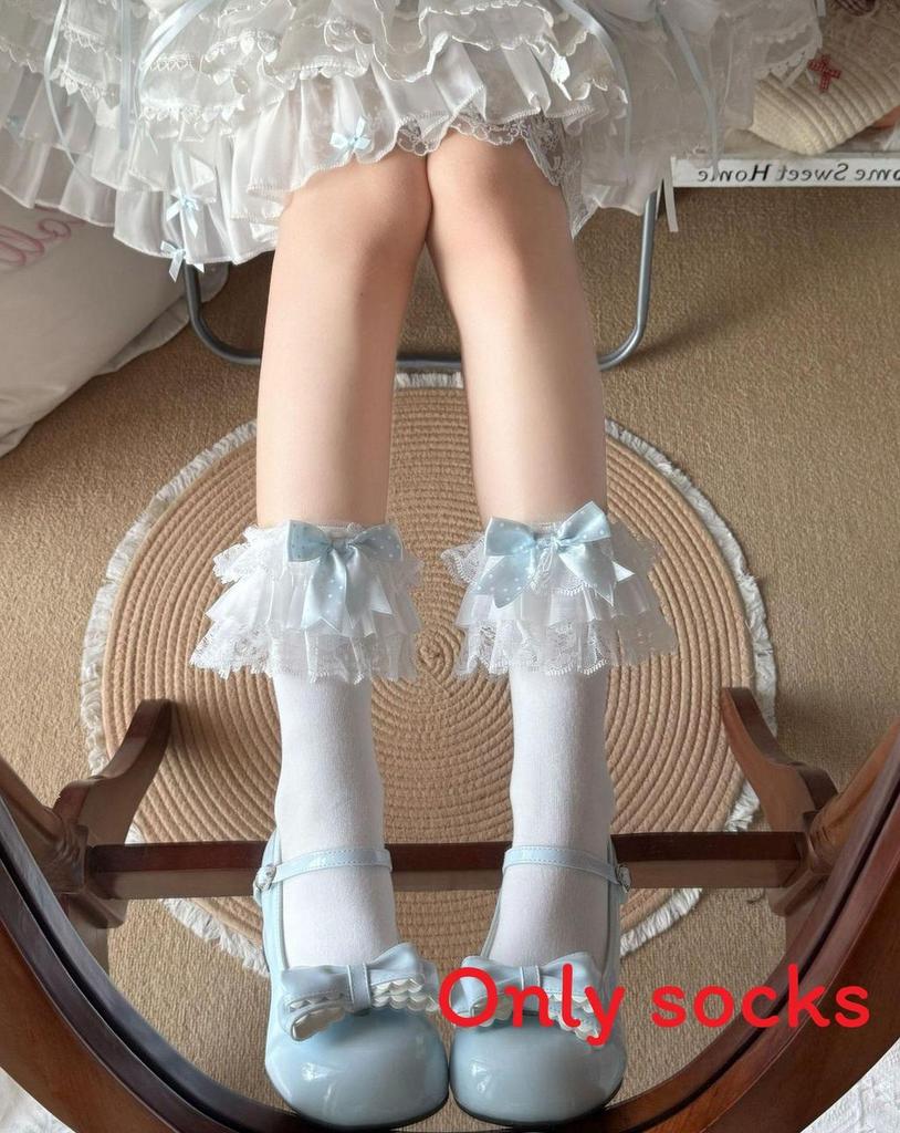 Lolita Cotton Socks With Polka Dot Bow Lace For Girls Spring Summer
