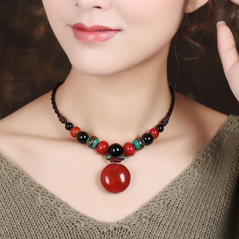 

GemChic женское новое этническое керамическое ожерелье с подвеской из бисера и бусинами, винтажная регулируемая цепочка, подарок на день рождения, Рождество
