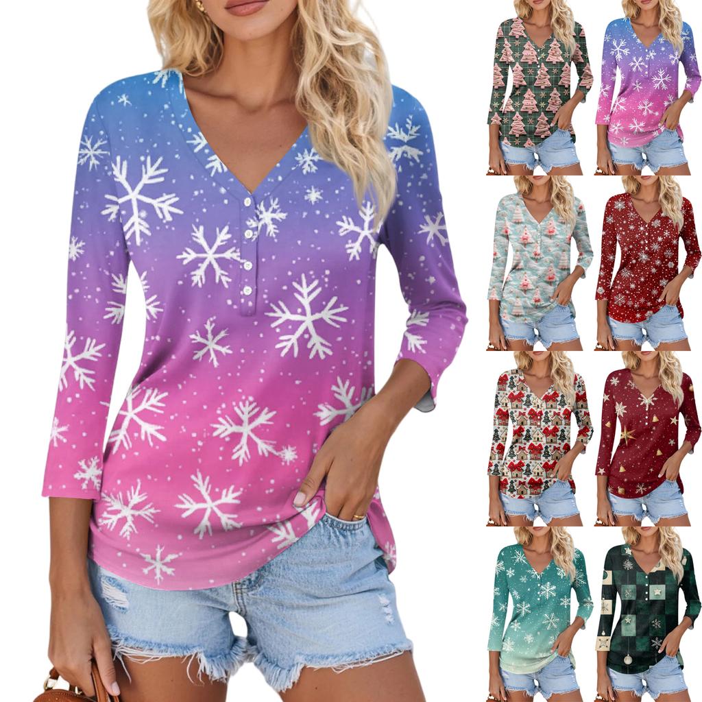 Women's Casual Fashion Sexy Comfortable Christmas Print V-Neck Button Three-quarter Sleeve Top