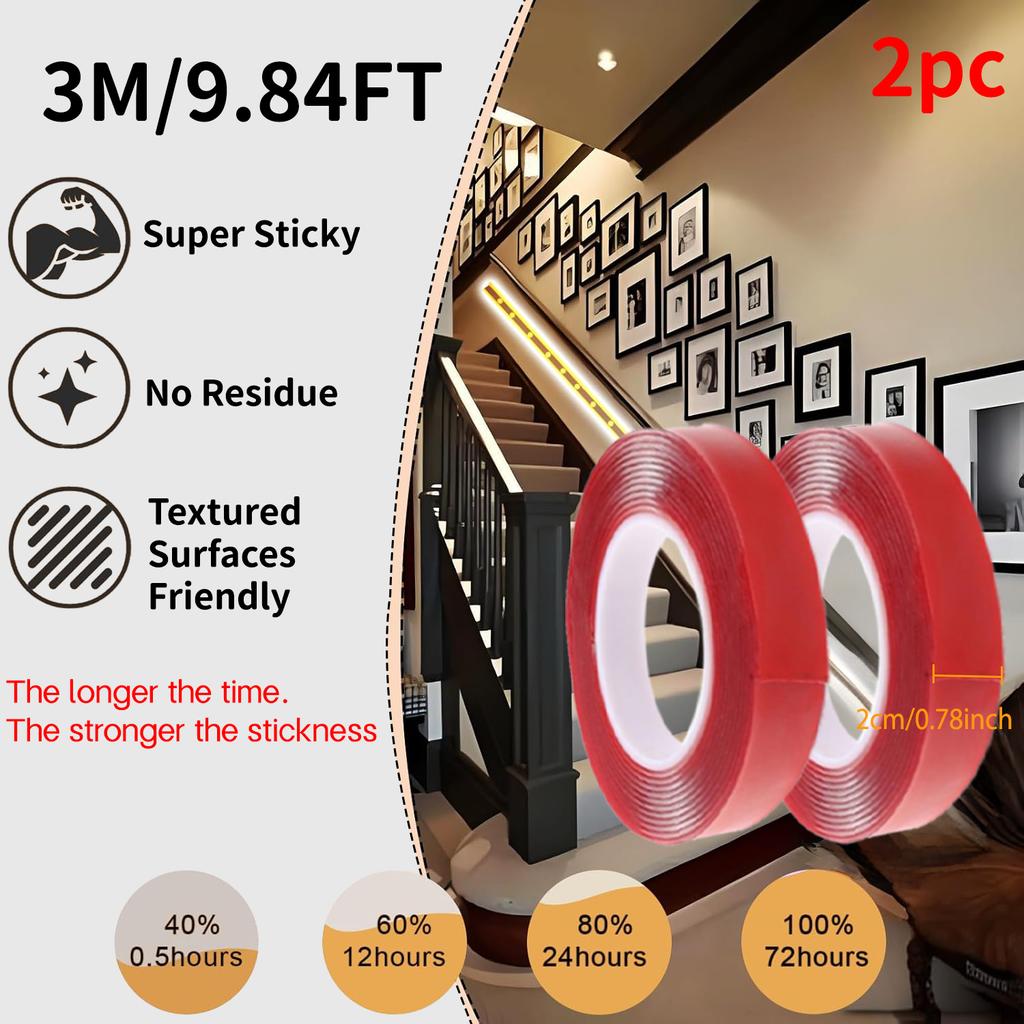 Red Acrylic Double-Sided Tape, Transparent, Strong Adhesive, No Trace, 6mm–30mm, for Phone, LCD, and Car Use