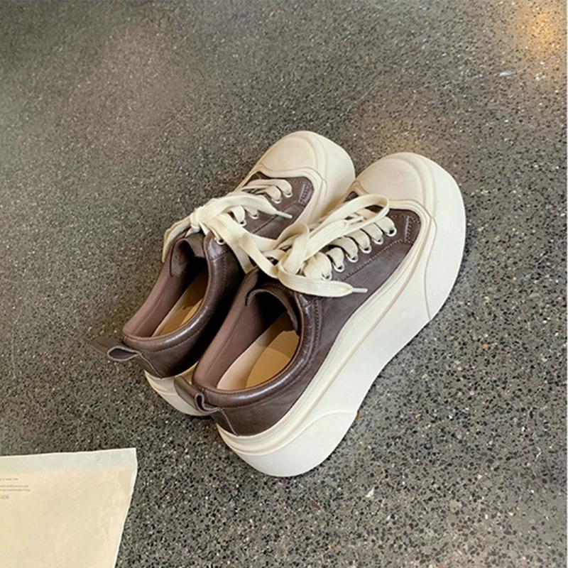 Horse Leather Version~ Versatile Round Head Casual Sports Board Shoes Lace-up Heightening Platform College Little White Shoes Women's 2025 New Models