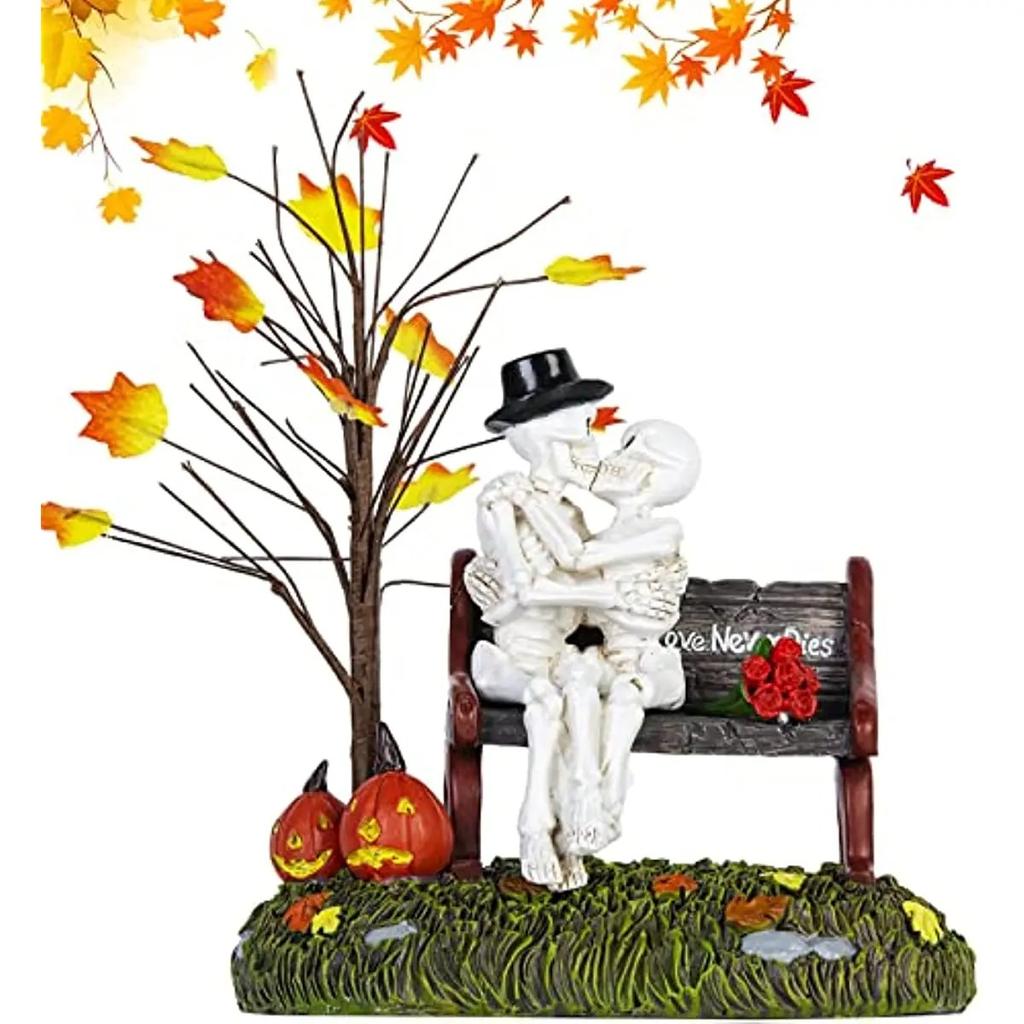 Halloween Village Accessories, Kiss of Death Figurines, Spooky Skeleton and Pumpkin Statue LED Lights Decorations Holiday Gifts