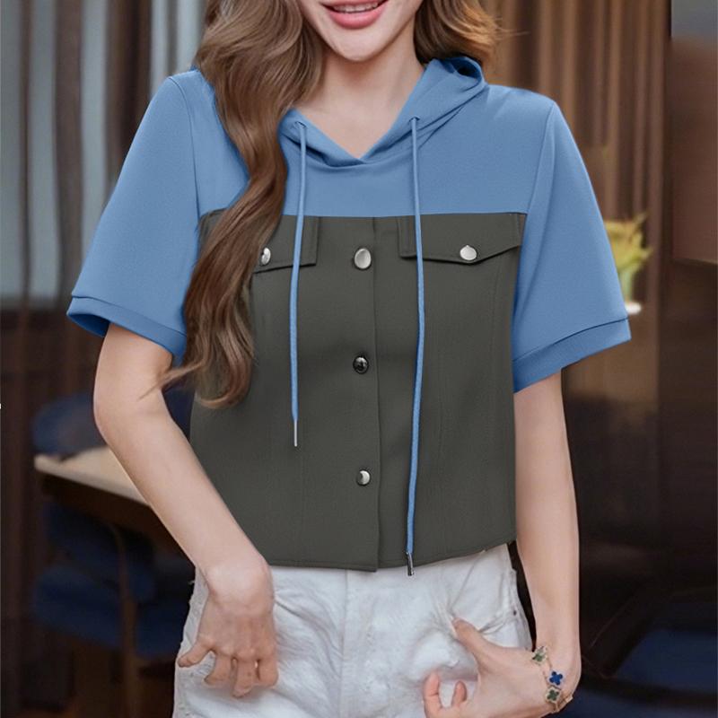 

ZANZEA Женские летние повседневные худи в стиле пэчворк, футболки с коротким рукавом 4XL синий