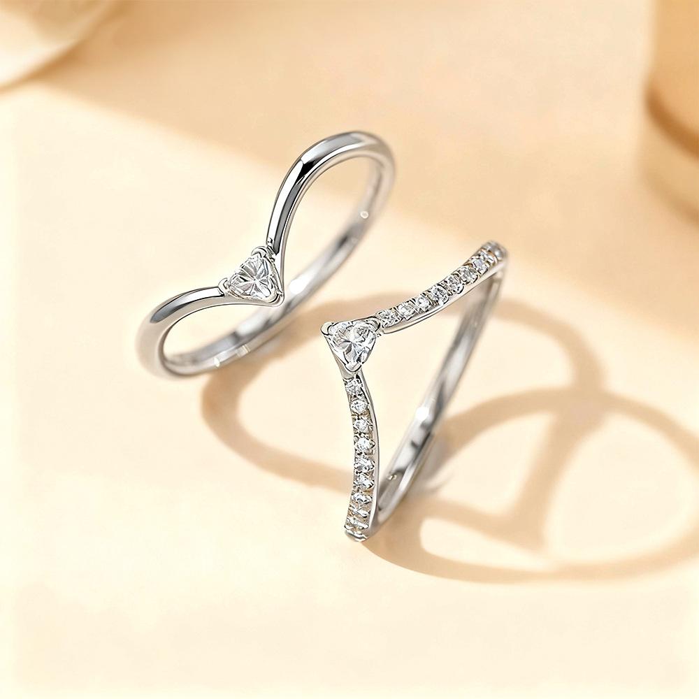 V-Shaped Moissanite Rings 925 Sterling Silver Plated 18K Gold Solitaire & Pavé Band Engagement Promise Rings for Women