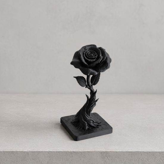 Statua Ornamentale Rosa Nera Stampata in 3D DYS, Statuetta Stile Gotico Oscuro, Fiore Decorativo Artistico con Base a Fiamma, Decorazione Raffinata per Casa Ufficio
